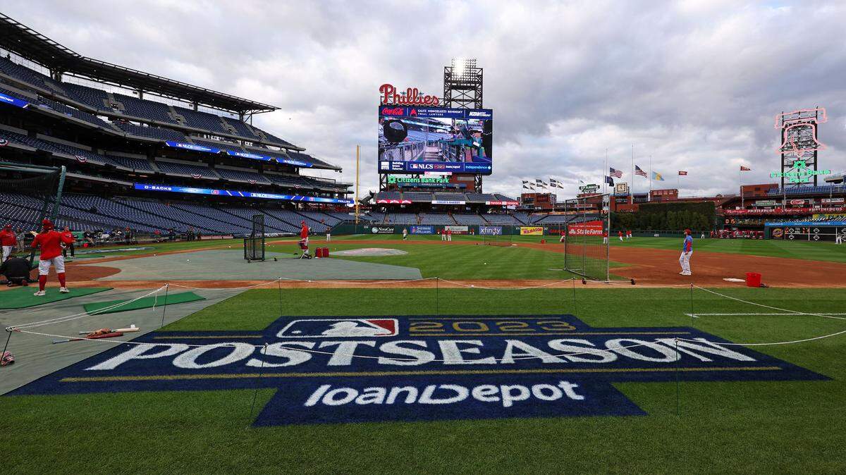 The MLB Postseason logo on the field before the Arizona Diamondbacks played at the Philadelphia Phillies in Game 1 of the NLCS.