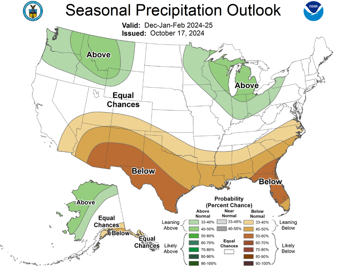 This map from the Climate Prediction Center shows projected precipitation trends in the U.S. for December 2024 and January and February 2025.