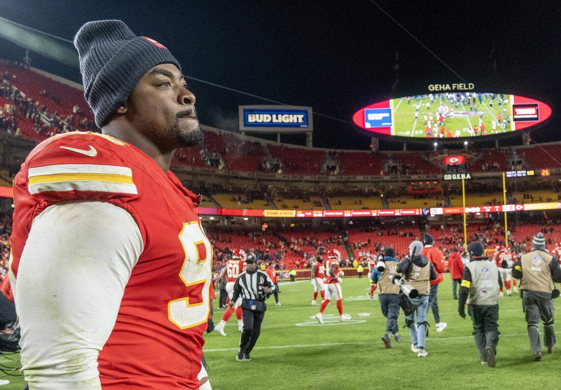 Chiefs defensive lineman Chris Jones walks off the field after a Sunday, Dec. 7, 2025 loss to the Houston Texans at GEHA Field at Arrowhead Stadium in Kansas City.