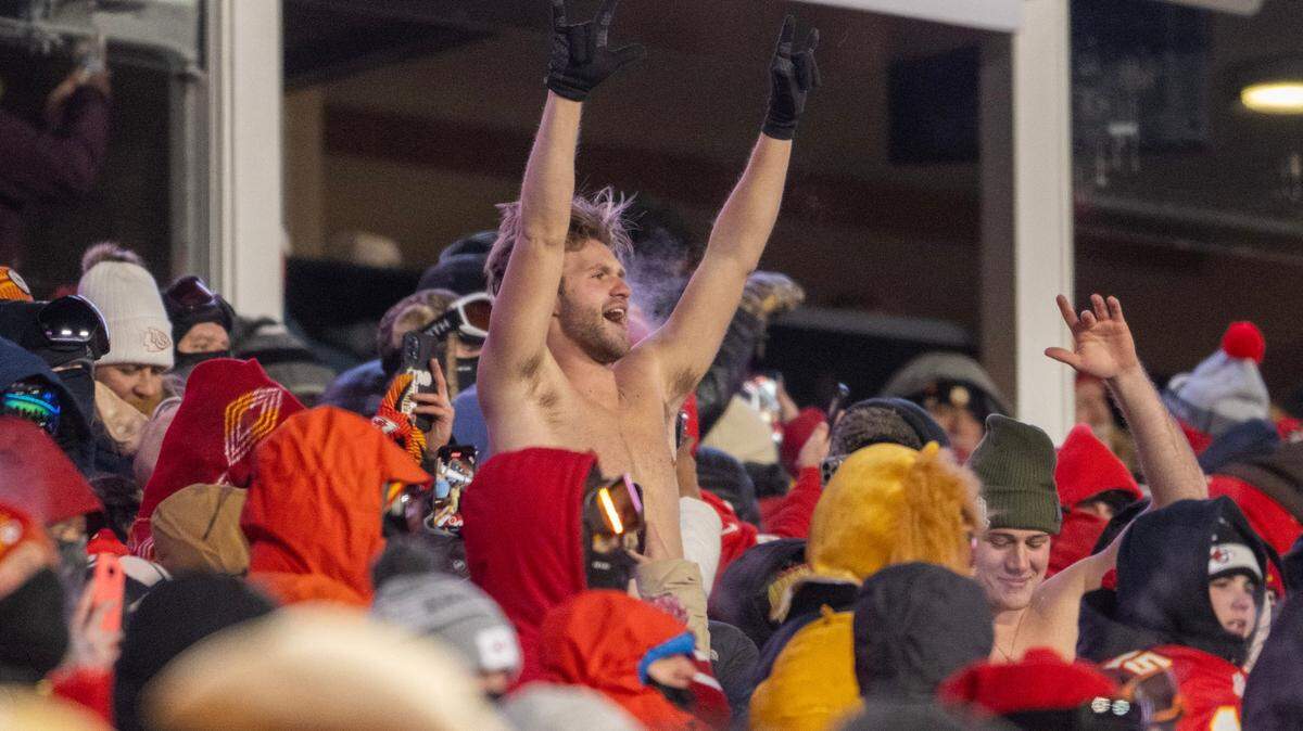 A fan is seen with no shirt in the fourth quarter during an AFC Wild Card game against the Miami Dolphins at GEHA Field at Arrowhead Stadium on Jan. 13. Going shirtless in sub-zero temps is the meaning of true devotion, Sherry Kuehl writes.