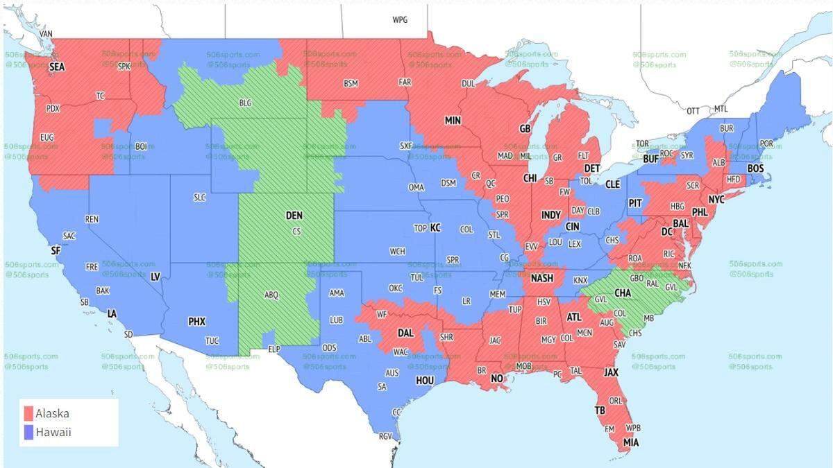 The Chiefs-Raiders game will be seen in the areas in blue.
