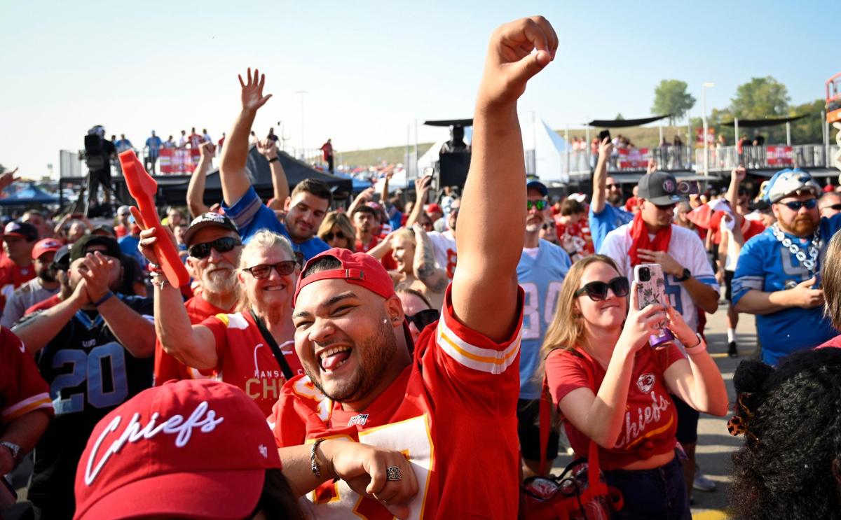 Julian Muniz danced at the World’s Largest Tailgate, a virtual event and concert, outside of GEHA Field at Arrowhead Stadium on Sept. 7, 2023, before the kickoff of the Chiefs-Lions game.
