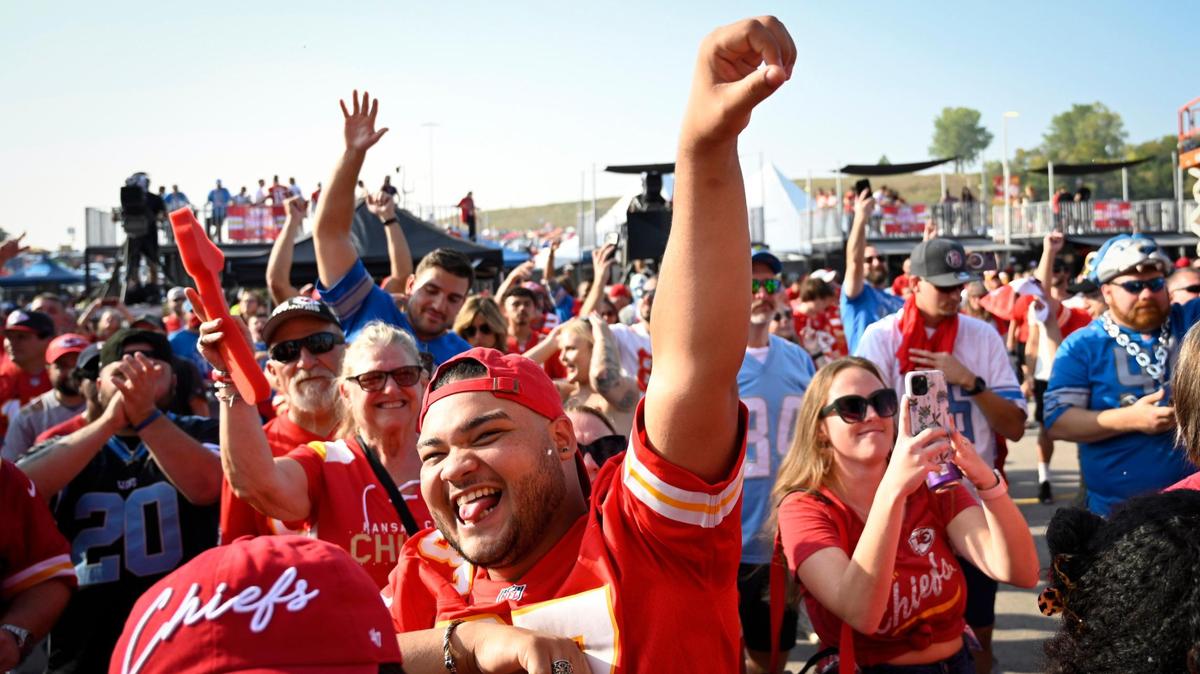 Julian Muniz danced at the World’s Largest Tailgate, a virtual event and concert, outside of GEHA Field at Arrowhead Stadium on Thursday, Sept. 7, 2023, before the kickoff of the Chiefs-Lions game.