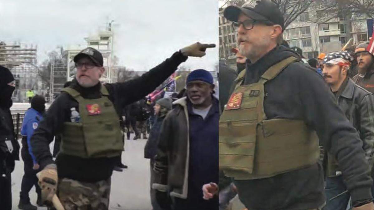 William Chrestman of Olathe (right, and far left in separate photos) was charged Thursday with conspiracy in connection with the Jan. 6 Capitol riot.