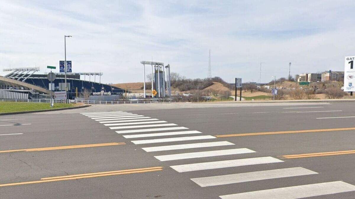Michael E. Douglas, 64, was critically injured on Sept. 26, 2022, when he crashed into a pedestrian while driving a Harley Davidson motorcycle near Blue Ridge Cutoff, near 40th Street, at the crosswalk in front of Gate 1 at Arrowhead Stadium. He died almost a month later. A Google Maps street view image from April 2022 shows the general area.