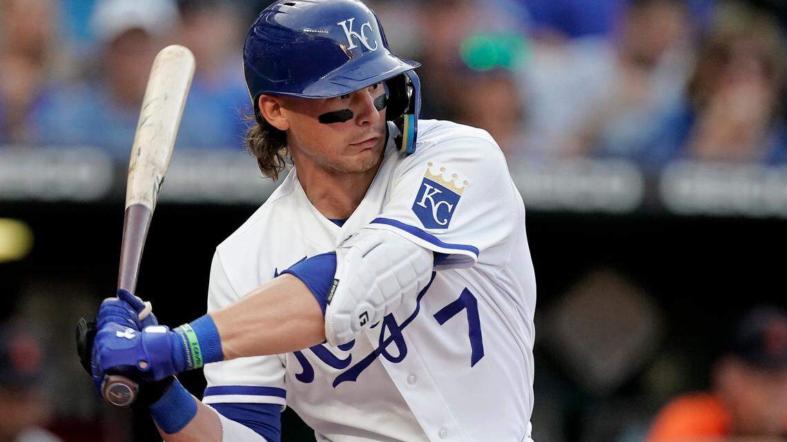 Kansas City Royals’ Bobby Witt Jr. bats during the second inning of the second game of a baseball doubleheader against the Detroit Tigers Monday, July 11, 2022, in Kansas City, Mo. (AP Photo/Charlie Riedel)