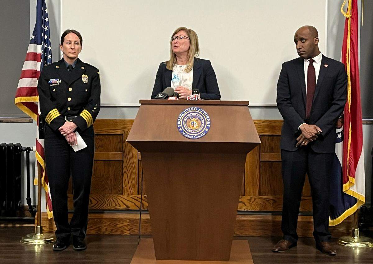 Jackson County Prosecutor Jean Peters Baker, center, Chief of Police Stacey Graves, left, and Mayor Quinton Lucas spoke to members of the media Tuesday outlining charges the prosecutors office filed against two men accused in the mass shooting last week after the Chiefs Super Bowl victory rally at Union Station.