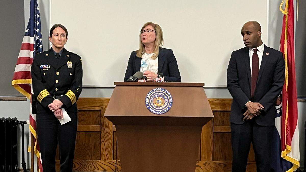 Jackson County Prosecutor Jean Peters Baker, center, Chief of Police Stacey Graves, left, and Mayor Quinton Lucas spoke to members of the media Tuesday outlining charges the prosecutors office filed against two men accused in the mass shooting last week after the Chiefs Super Bowl victory rally at Union Station.