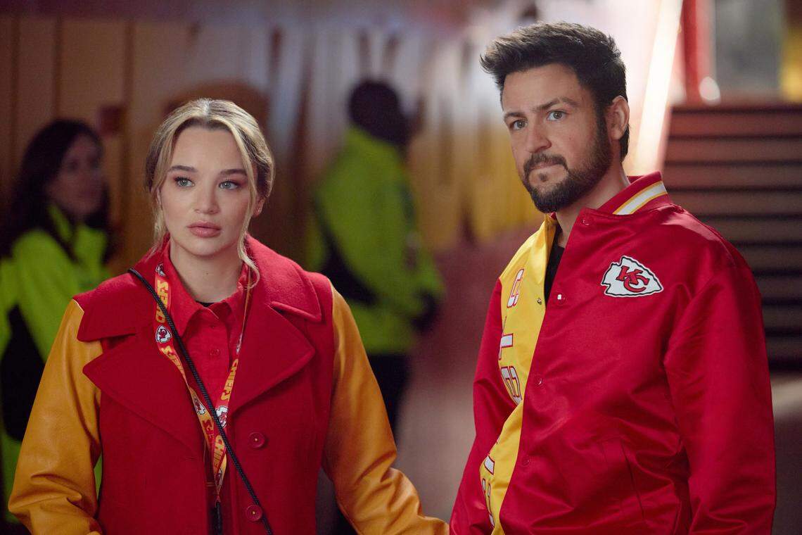 Hallmark Channel favorites Hunter King and Tyler Hynes star in “Holiday Touchdown: A Chiefs Love Story.”