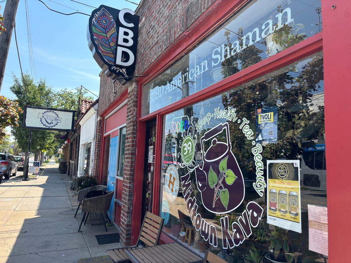 A sign for Delta-9 THC seltzer hangs in the window of Midtown Kava CBD American Shaman on 39th Street on Aug. 5. The Kansas City business will not be able to sell these drinks and any hemp-derived edibles and beverages after an executive order by Governor Mike Parson.