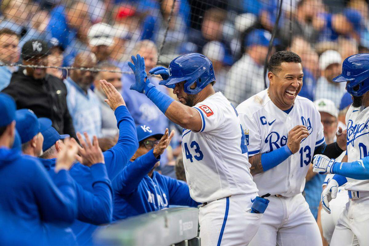 Kansas City Royals catcher Elias Díaz (43) celebrates with teammates after hitting a home run against the Boston Red Sox on Wednesday, May 20, 2026, at Kauffman Stadium.