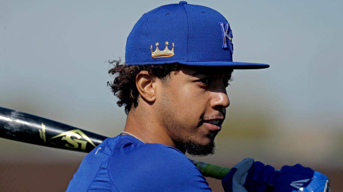 Kansas City Royals’ Adalberto Mondesi waits to bat during spring training baseball practice Wednesday, Feb. 12, 2020, in Surprise, Ariz. (AP Photo/Charlie Riedel)