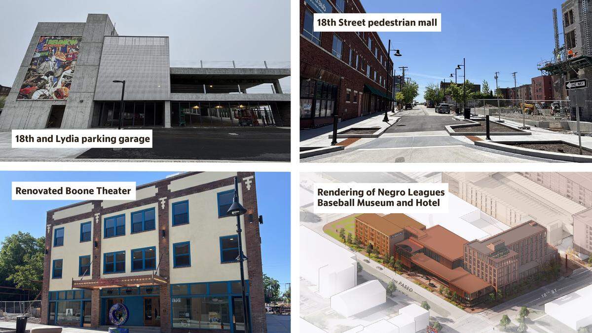 Photos of the completed 18th and Lydia Avenue garage, the pedestrian mall, the renovated Boone Theater and a rendering of the planned Negroes League Baseball Museum.