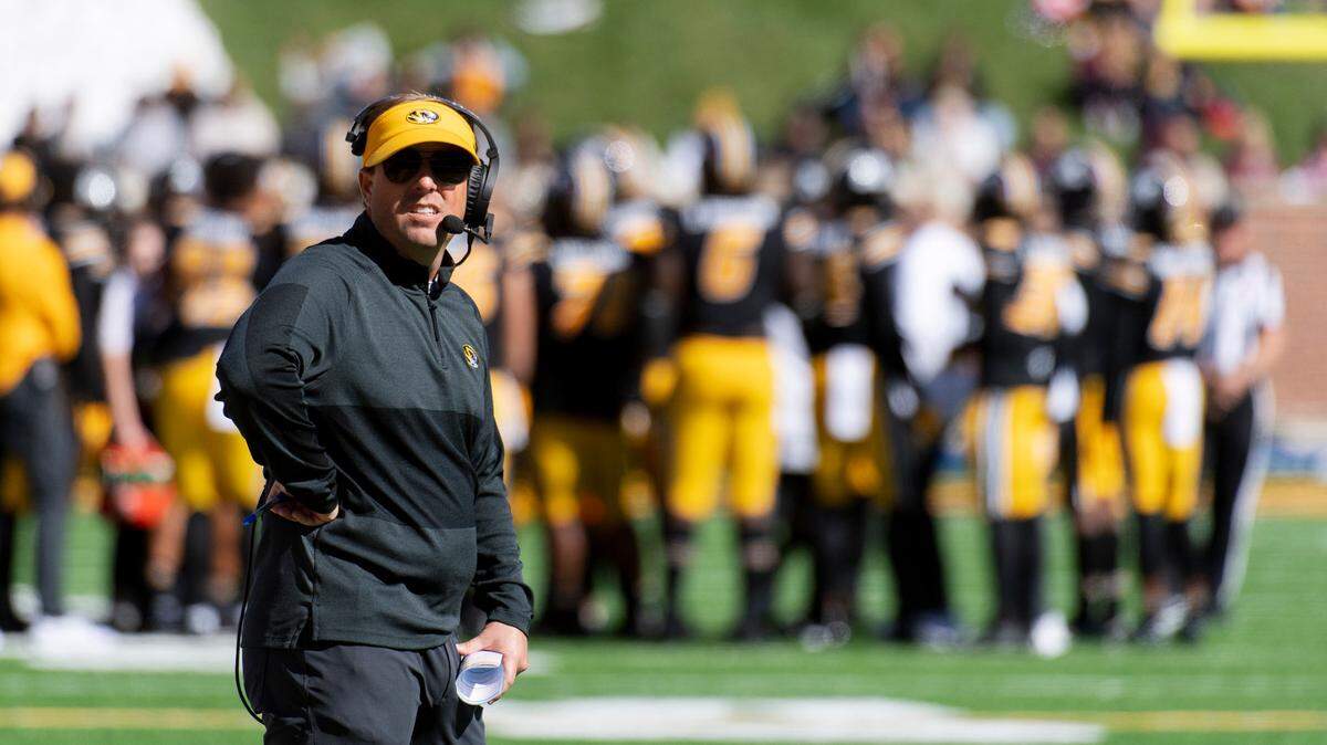 Missouri head coach Eliah Drinkwitz watches a replay during the second quarter against Texas A&M Saturday, Oct. 16, 2021, in Columbia, Mo.