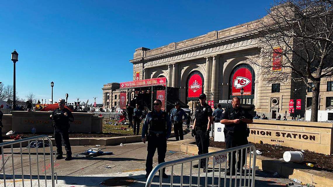 Kansas City police are seen at Union Station, where a shooting broke out during the Chiefs’ Super Bowl victory rally on Wednesday, Feb. 14, 2024, in Kansas City, Missouri. (Photo by Glenn E. Rice/The Kansas City Star/TNS/Sipa USA)