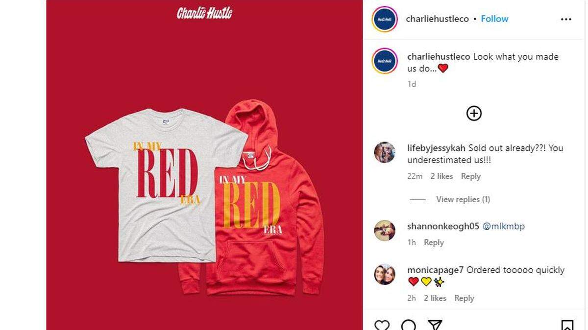 Charlie Hustle sold out of its two Taylor Swift-themed items: a gray shirt and a red hoodie saying “In my Red era” in all sizes.