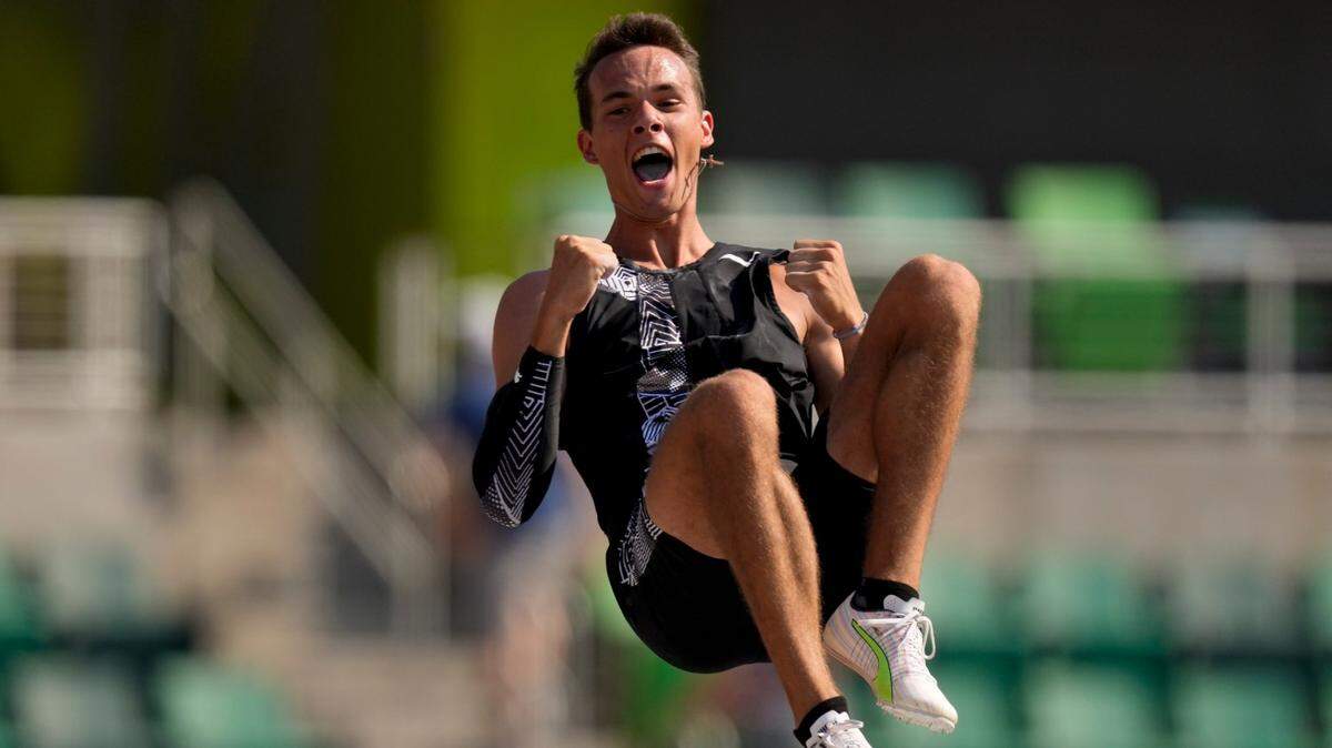 KC Lightfoot, a native of Lee’s Summit, celebrates during the finals of the men’s pole vault at the U.S. Olympic Track and Field Trials on Monday in Eugene, Ore.
