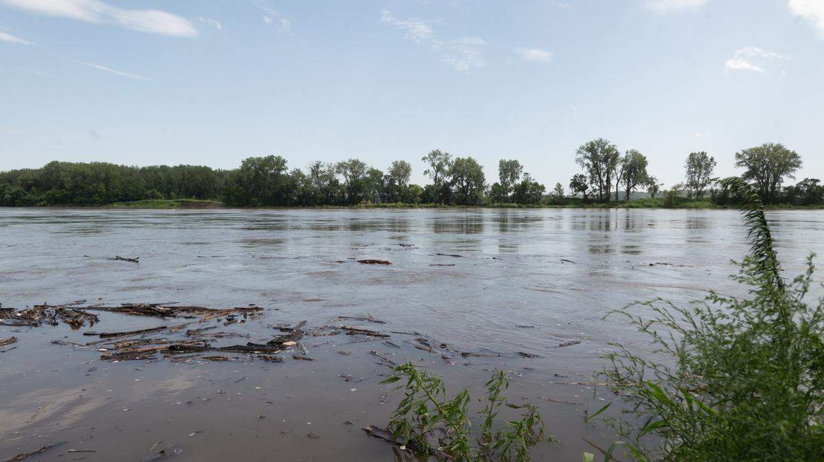 Areas throughout Missouri and Kansas received several inches of rain the week of June 30, causing the Missouri River to rise noticeably by Tuesday, July 2, 2024, including along English Landing Park in Parkville, Missouri.