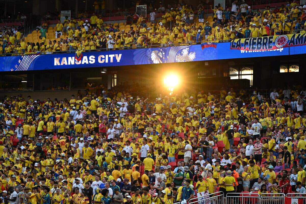 The stands are a sea of yellow for the Colombia vs. Ghana 2026 World Cup round of 32 football match at Kansas City (Arrowhead) Stadium in Kansas City on Friday, July 3, 2026.