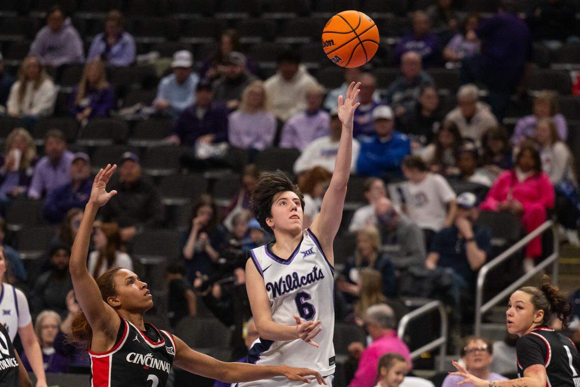 Kansas State guard Gina Garcia (6) shoots a running layup in the second half of the Wildcats’ first-round game vs. the Cincinnati Bearcats in the Big 12 Women’s Basketball Tournament.
