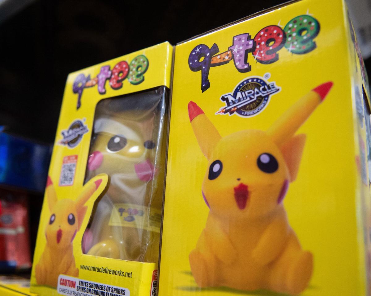 This Pikachu-themed fountain firework, sold by World Class Fireworks at 4509 Rainbow Boulevard in Kansas City, Kansas, produces a bright shower of sparks and flame. Shops and tents throughout Kansas City and surrounding areas offer a nearly unending selection of fireworks leading up to July 4, including many unique and outrageous varieties.