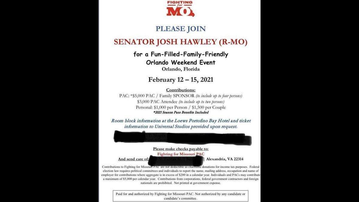 Loews Hotels said Saturday it would not host an Orlando fundraiser put on by a political action committee for Republican Sen. Josh Hawley of Missouri next month.