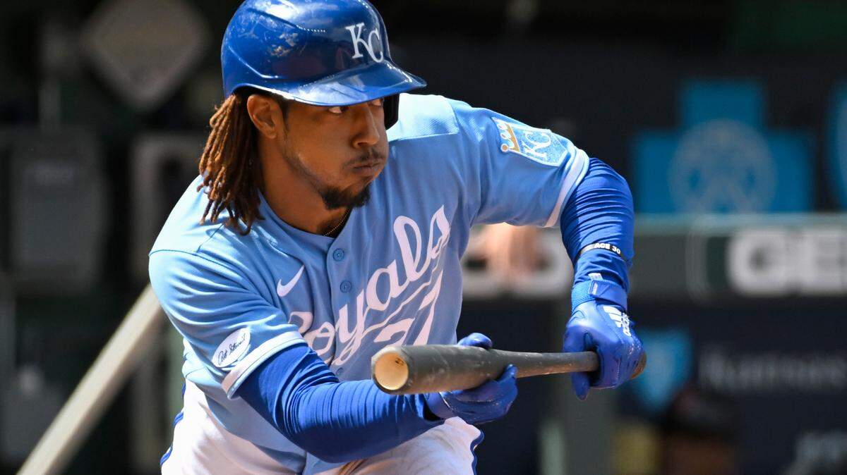 Kansas City Royal’ Adalberto Mondesi looks to bunt against the Cleveland Guardians during the fifth inning of a baseball game, Monday, April 11, 2022 in Kansas City, Mo. (AP Photo/Reed Hoffmann)