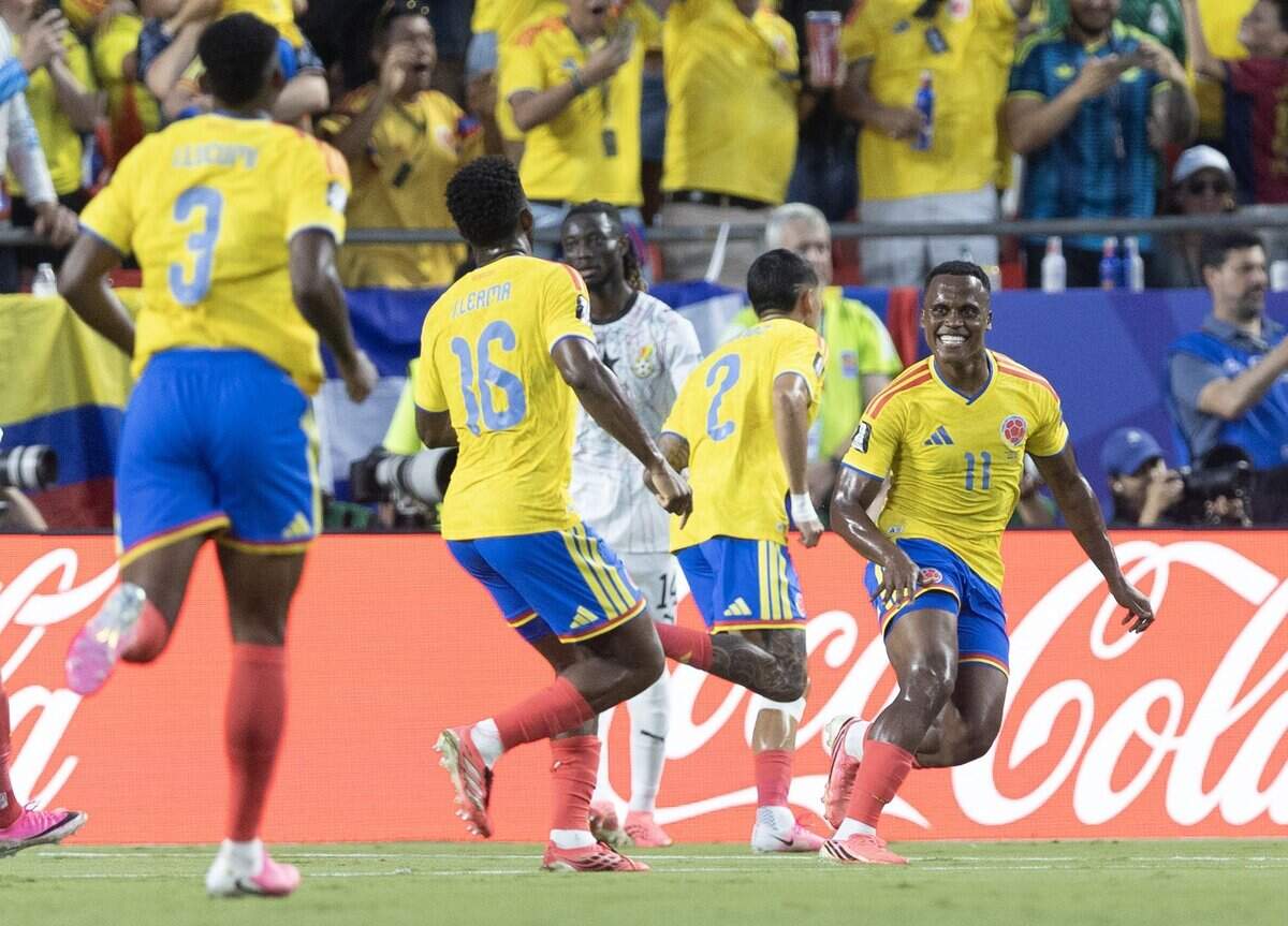 Colombia midfielder Jhon Arias (11) celebrates a goal against Ghana during a FIFA World Cup knockout stage soccer match at Kansas City (Arrowhead) Stadium in Kansas City on Friday, July 3, 2026.