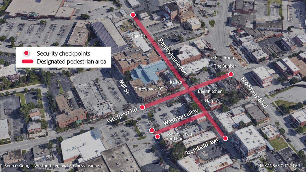 A map showing the six late-night security checkpoints in Westport.