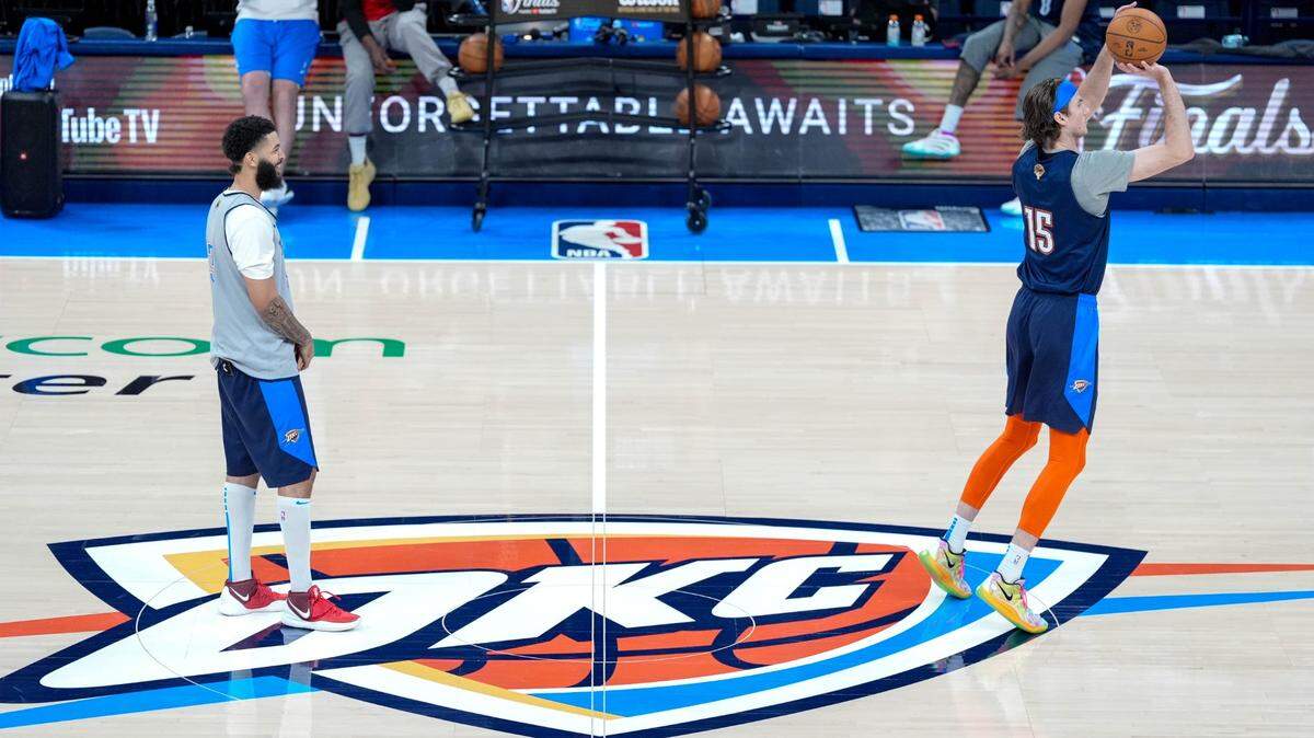 Oklahoma City center Branden Carlson (15) shoots from the logo during an NBA Finals practice session ahead of Game 2 at Paycom Center Oklahoma City, on Saturday, June 7, 2025.
