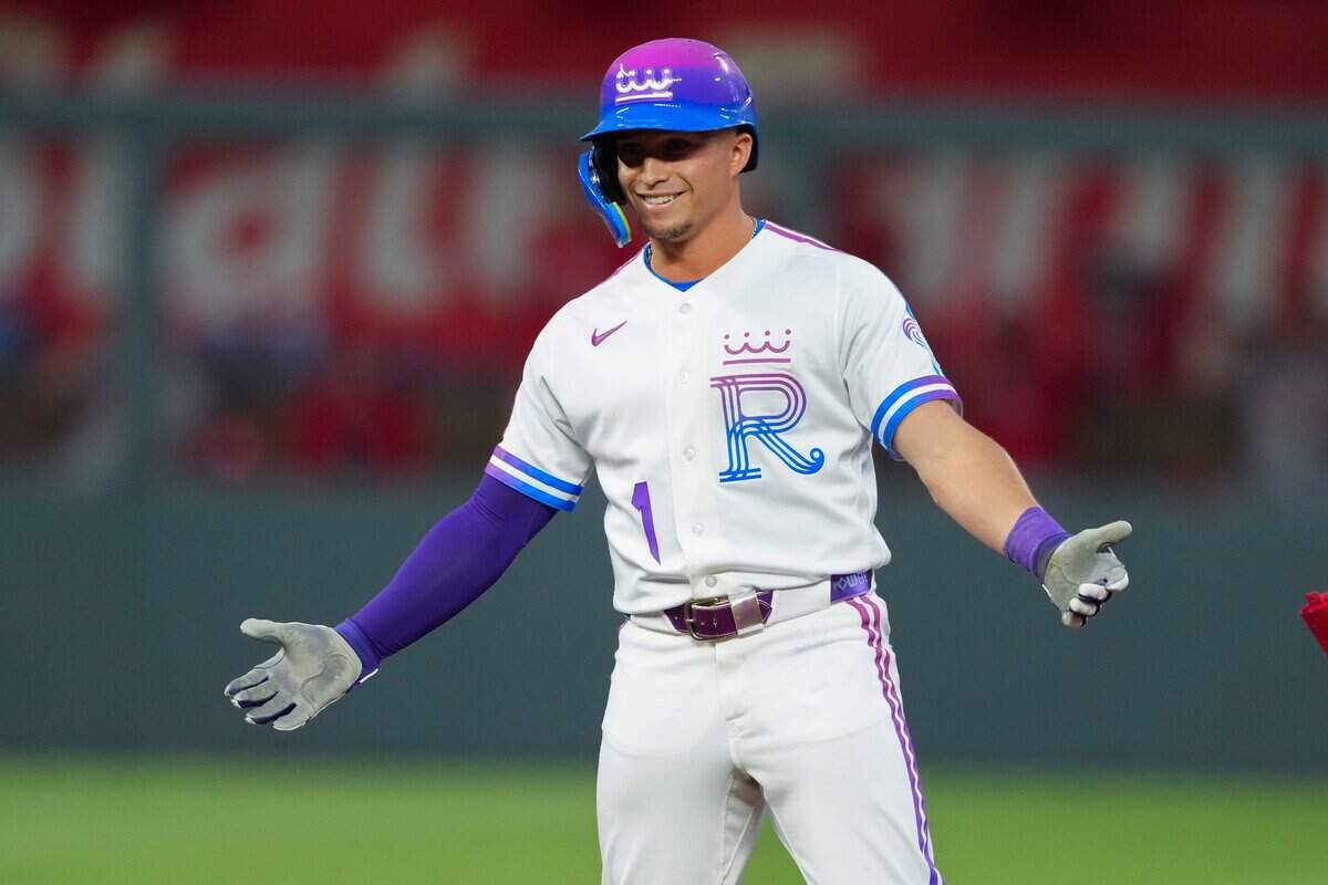 KANSAS CITY, MISSOURI - JUNE 19: Isaac Collins #1 of the Kansas City Royals celebrates a two-run double against the St. Louis Cardinals in the fourth inning at Kauffman Stadium on June 19, 2026 in Kansas City, Missouri. (Photo by Ed Zurga/Getty Images)