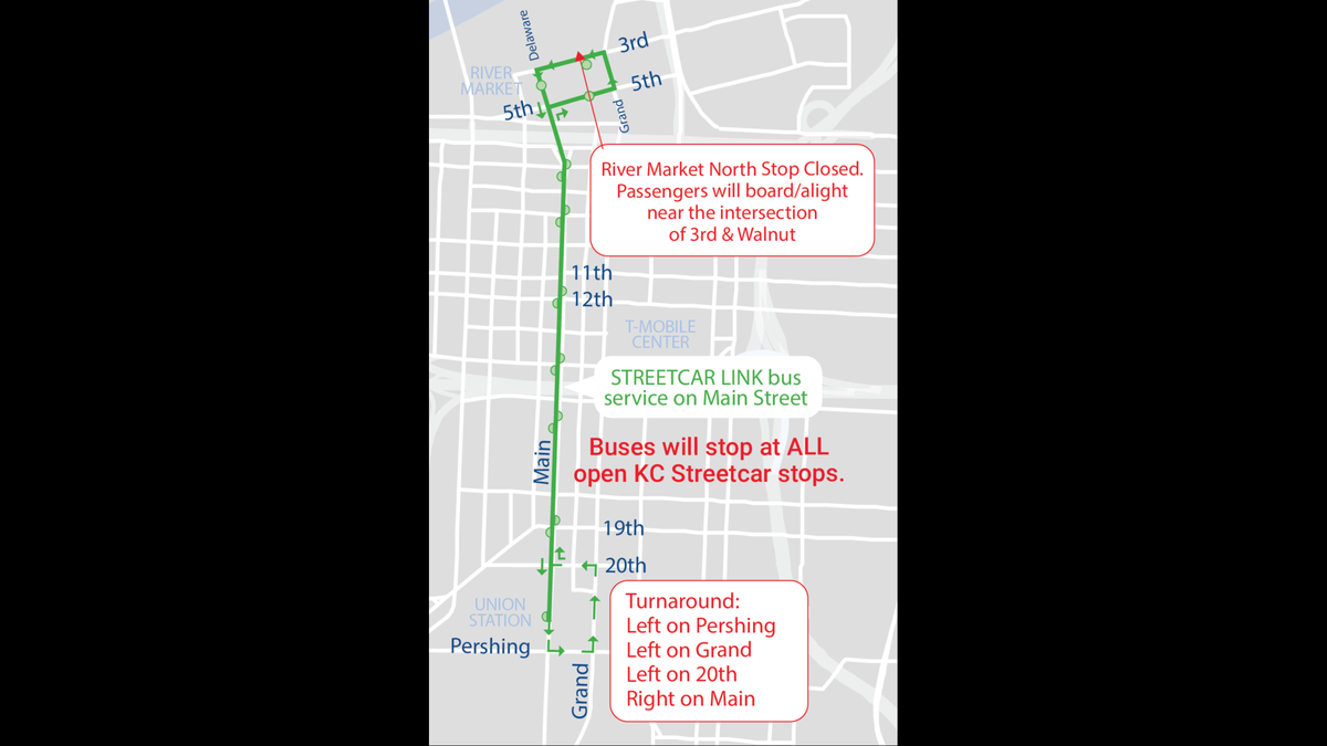 A map of the Kansas City streetcar route the “Streetcar Link” will travel from Sept. 8 through Sept. 14.