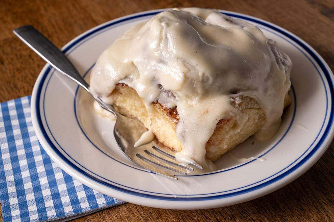 The $6 cinnamon roll at Hemma Hemma, 7122 Wornall Road, is a favorite of Travis Kelce’s mother, Donna Kelce.