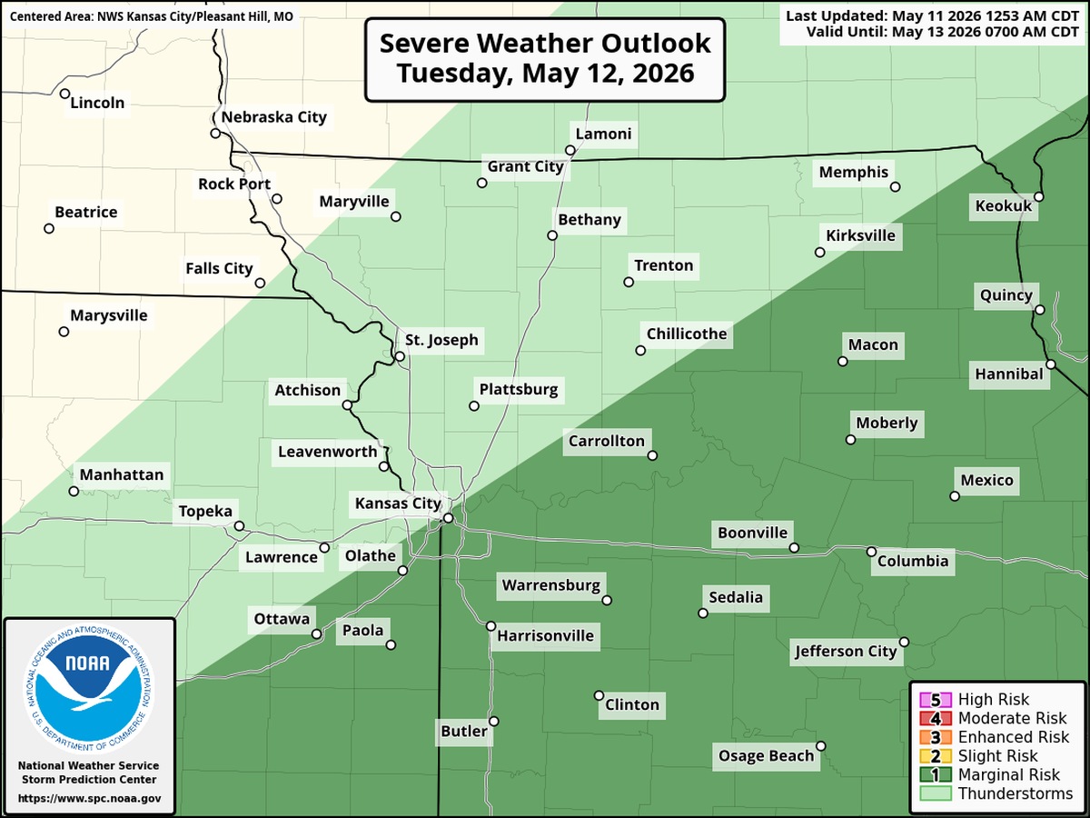 There will be a chance for storms on Tuesday. The Storm Prediction Center, part of the National Weather Service, has placed areas south of a line from Olathe to Kirksville, Missouri, in a slight risk (Level 1 of 5) for severe weather. Areas north of the line should see mainly general showers or thunderstorms.