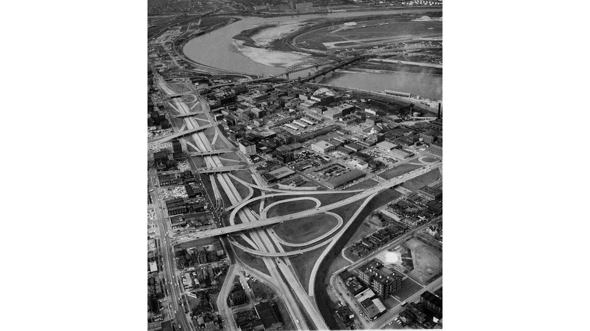 Northeast corner of the Downtown Loop after completion of the Intercity Freeway, 1957. 