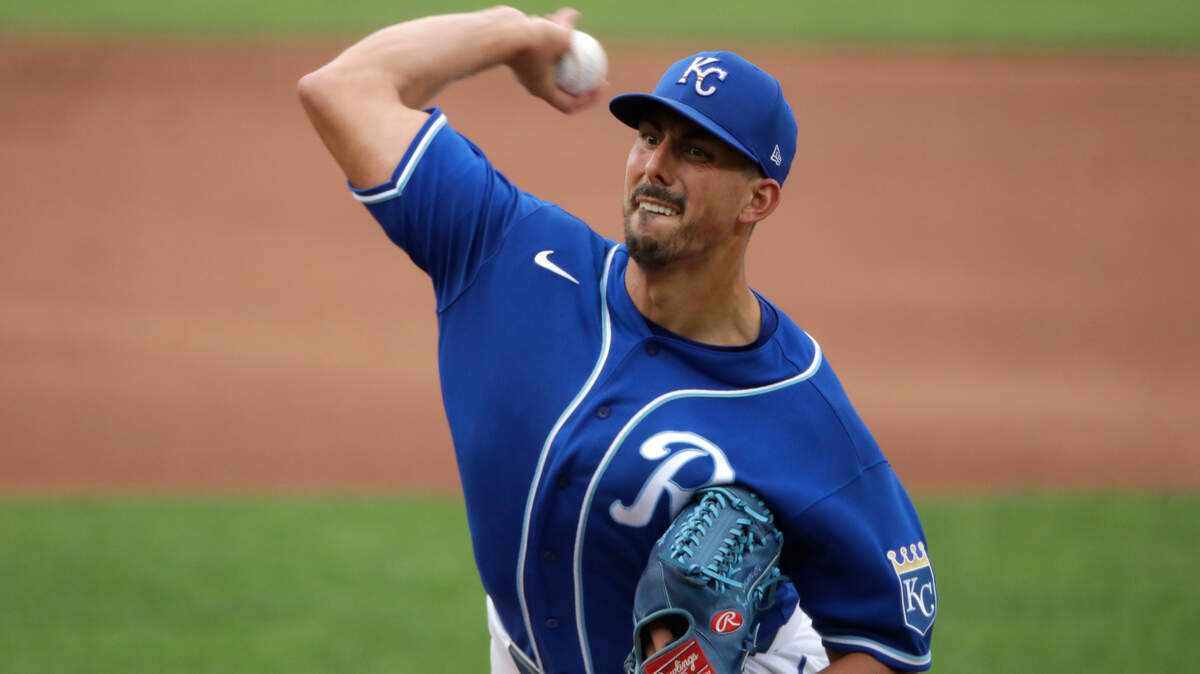 Kansas City Royals pitcher Kyle Zimmer throws during an intrasquad baseball scrimmage at Kauffman Stadium, Wednesday, July 15, 2020, in Kansas City, Mo. (AP Photo/Charlie Riedel)