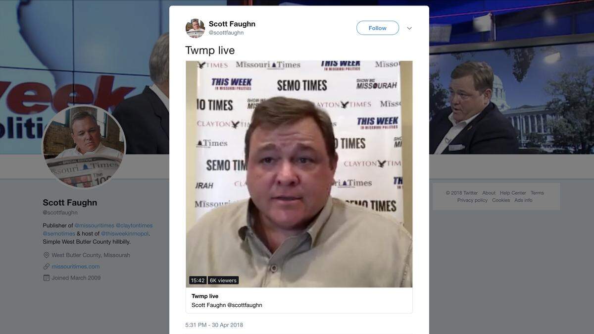 Scott Faughn, the publisher of the Missouri Times, hosts a web show following the revelation that he paid the attorney of the ex-husband of Gov. Eric Greitens' alleged victim $50,000 prior to the invasion of privacy allegations against the governor becoming public.