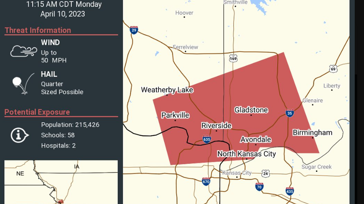The National Weather Service issued a severe thunderstorm warning in parts of the metro area, including North Kansas City and Gladstone, until 11:15 a.m. Monday.