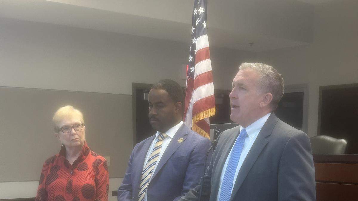 Phil LeVota (right) spoke to members of the media Monday evening minutes after he was selected as interim Jackson County Executive. LeVota will finish out former executive Frank White’s term ending January 1, 2027.