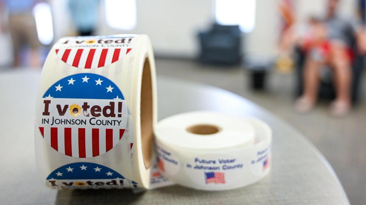 ‘ I Voted’ stickers were available after voters cast their ballots on Thursday, July 28, 2022 at the Johnson County Election Office in Olathe.