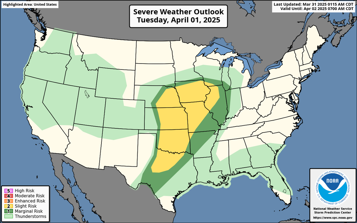 There is a slight risk of severe thunderstorms across portions of the central and southern Plains late Tuesday afternoon. The severe weather threat is expected to spread east overnight, the National Weather Service’s Storm Prediction Center said. Large to very large hail, severe gusts and a few tornadoes are possible.