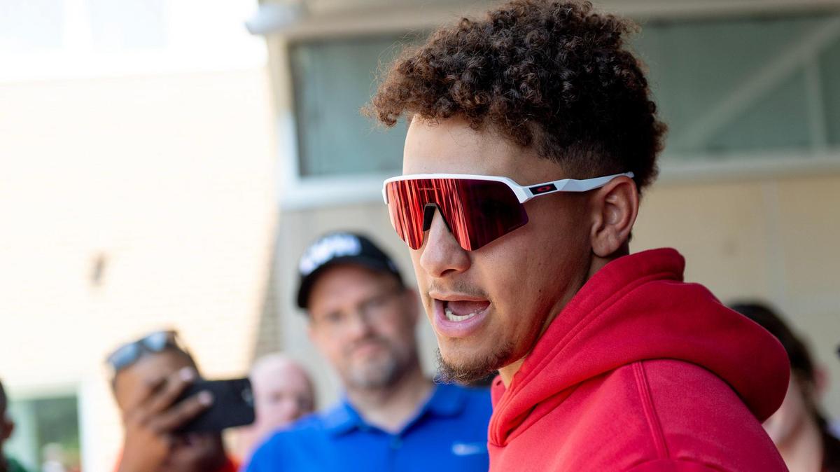 Kansas City Chiefs quarterback Patrick Mahomes speaks to reporters at Missouri Western State University during the first day of training camp on Tuesday, July 18, 2023, in St. Joseph, Mo.