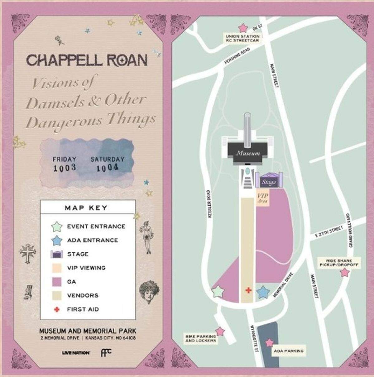 Pop star Chappell Roan is playing two shows in Kansas City for her “Visions of Damsels & Other Dangerous Things” Friday, Oct. 3 and Saturday, Oct. 4 at Museum and Memorial Park, which is also the site of the National WWI Museum and Memorial. The singer added a venue map to her website to show fans where the performance will be