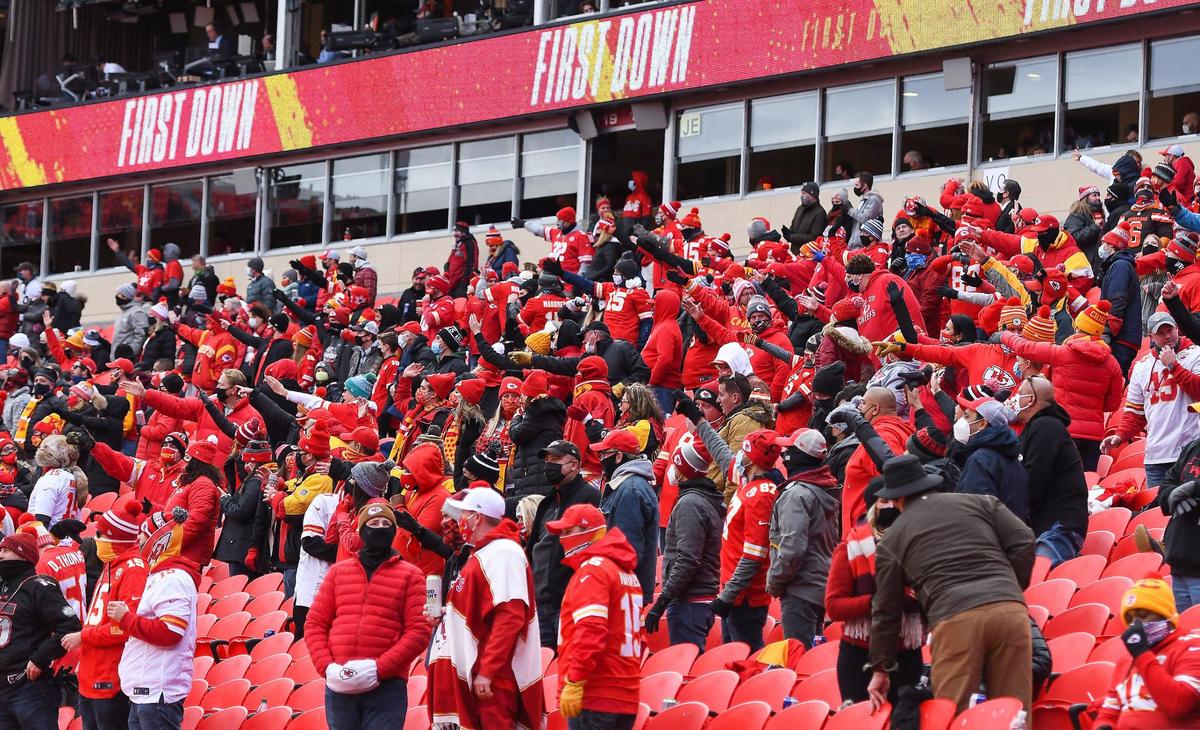 Fans filled seats at a reduced capacity to watch the Chiefs and the Browns play Sunday, January 17, 2021, at Arrowhead Stadium in Kansas City, Missouri.