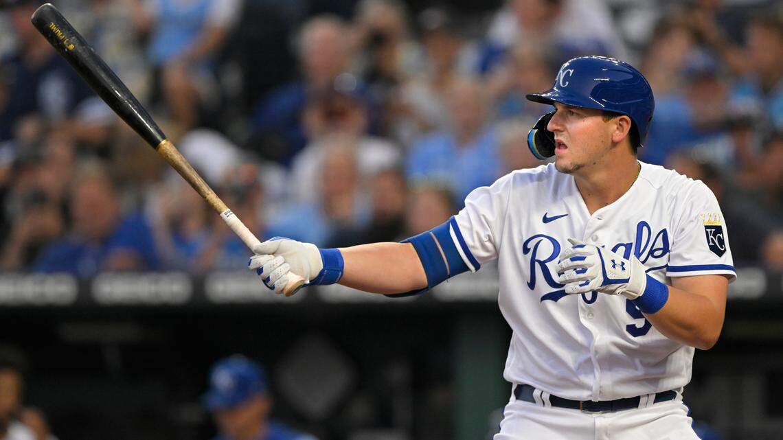 Kansas City Royals’ Vinnie Pasquantino at bat during the fourth inning of a baseball game against the Texas Rangers, Tuesday, June 28, 2022, in Kansas City, Mo. (AP Photo/Reed Hoffmann)