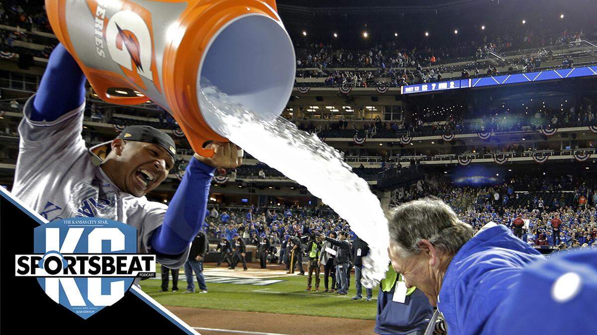 Kansas City Royals’ Salvador Perez dunks manager Ned Yost after Game 5 of the 2015 World Series against the New York Mets.
