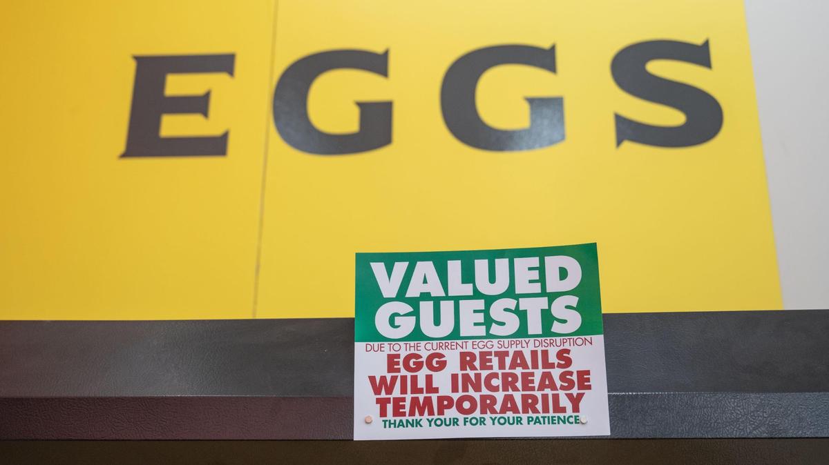 A sign in the egg section of a SunFresh grocery store in Kansas City warns guests of increased egg prices on Wednesday, Feb. 26, 2025. There is currently a nationwide egg shortage based on several factors.