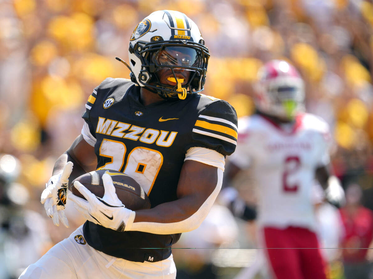 Running back Ahmad Hardy #29 of the Missouri Tigers runs for a touchdown against the Louisiana Ragin’ Cajuns in the first half at Faurot Field at Memorial Stadium on September 13, 2025, in Columbia.