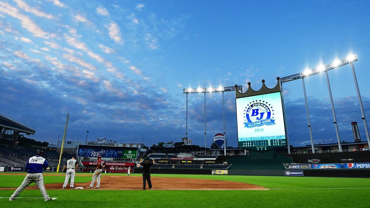 The J’s all-star team competes with the B’s all-star team during the 2019 Ban Johnson Amateur Baseball League All-Star Game Monday evening, Aug. 5, at Kauffman Stadium in Kansas City, Mo. The J’s won 5-1 over the B’s.