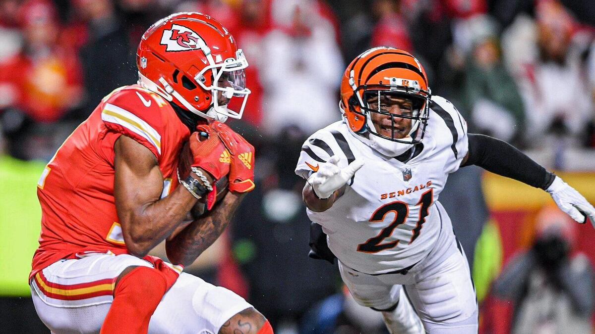Kansas City Chiefs wide receiver Marquez Valdes-Scantling pulls in a pass for a touchdown in the third quarter while Cincinnati Bengals cornerback Mike Hilton attempts to defend during the AFC Championship Game Sunday, Jan. 29, 2023, at GEHA Field at Arrowhead Stadium.